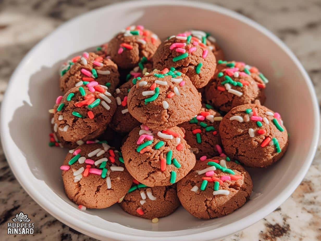 A white bowl filled with small, round Gingerbread Cookie Bites topped with festive pink, green, and white sprinkles.