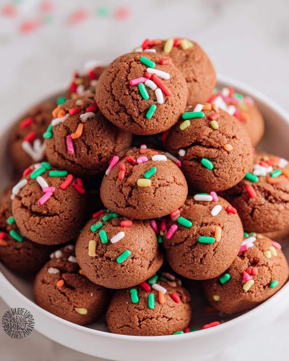 A close-up of a white bowl overflowing with small, round Gingerbread Cookie Bites topped with colorful holiday sprinkles.
