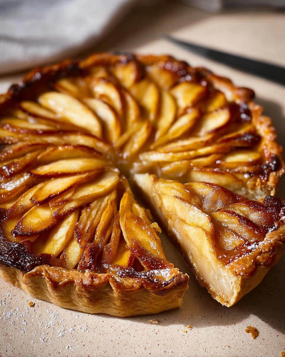 A beautifully glazed Apple Free-Form Tart with thinly sliced apples arranged in a spiral, one slice cut and pulled away.