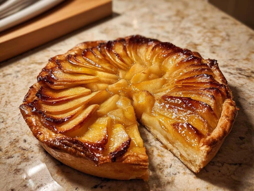 A golden brown, glazed Apple Free-Form Tart with thinly sliced apples arranged in a spiral, sitting on a granite countertop.