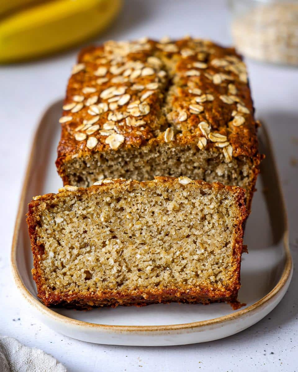 A loaf of moist Gluten-Free Banana Bread with Oats, sliced open to show the texture, topped with rolled oats.