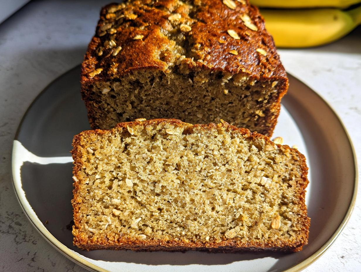 A loaf of Gluten-Free Banana Bread with Oats, with one thick slice cut and displayed on a plate.