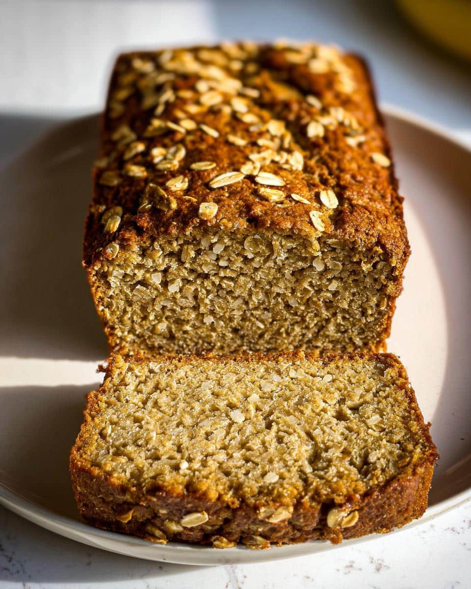 A close-up of a freshly baked Gluten-Free Banana Bread with Oats loaf, showing a slice cut off, topped with whole oats.