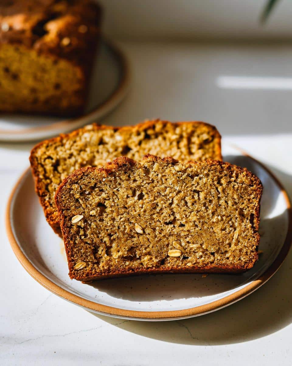 Close-up of two moist slices of Gluten-Free Banana Bread with Oats on a white plate.