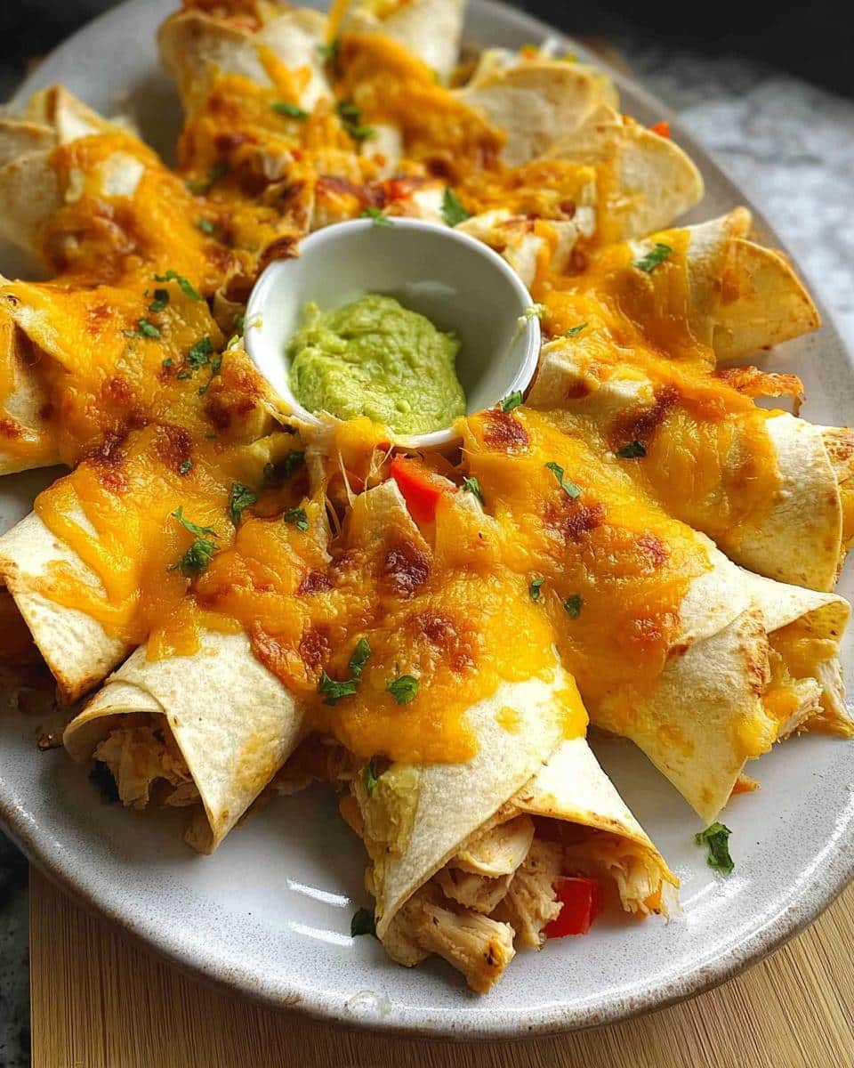 A baked Blooming Quesadilla Ring made with gluten-free tortillas, filled with chicken, topped with melted cheddar cheese, and served with guacamole.