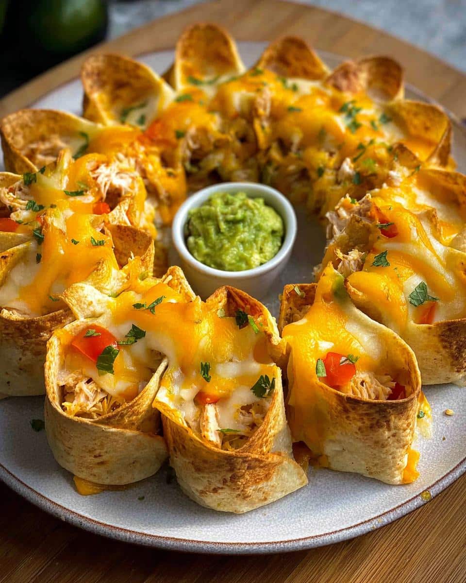 Close-up of a baked Gluten Free Blooming Quesadilla Ring filled with shredded chicken and melted cheese, served with guacamole.