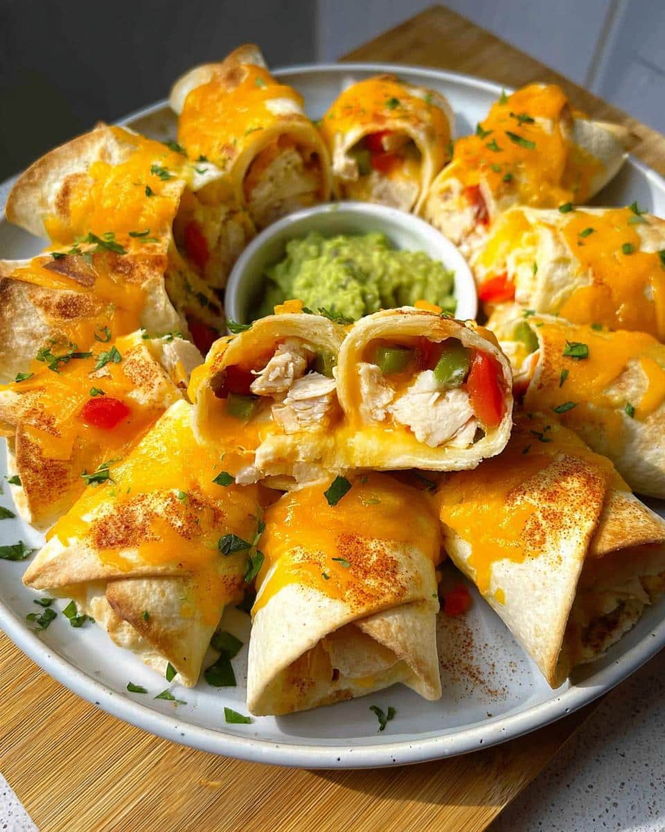 Pieces of a Blooming Quesadilla Ring filled with chicken and peppers, topped with melted cheese and parsley, served with guacamole.