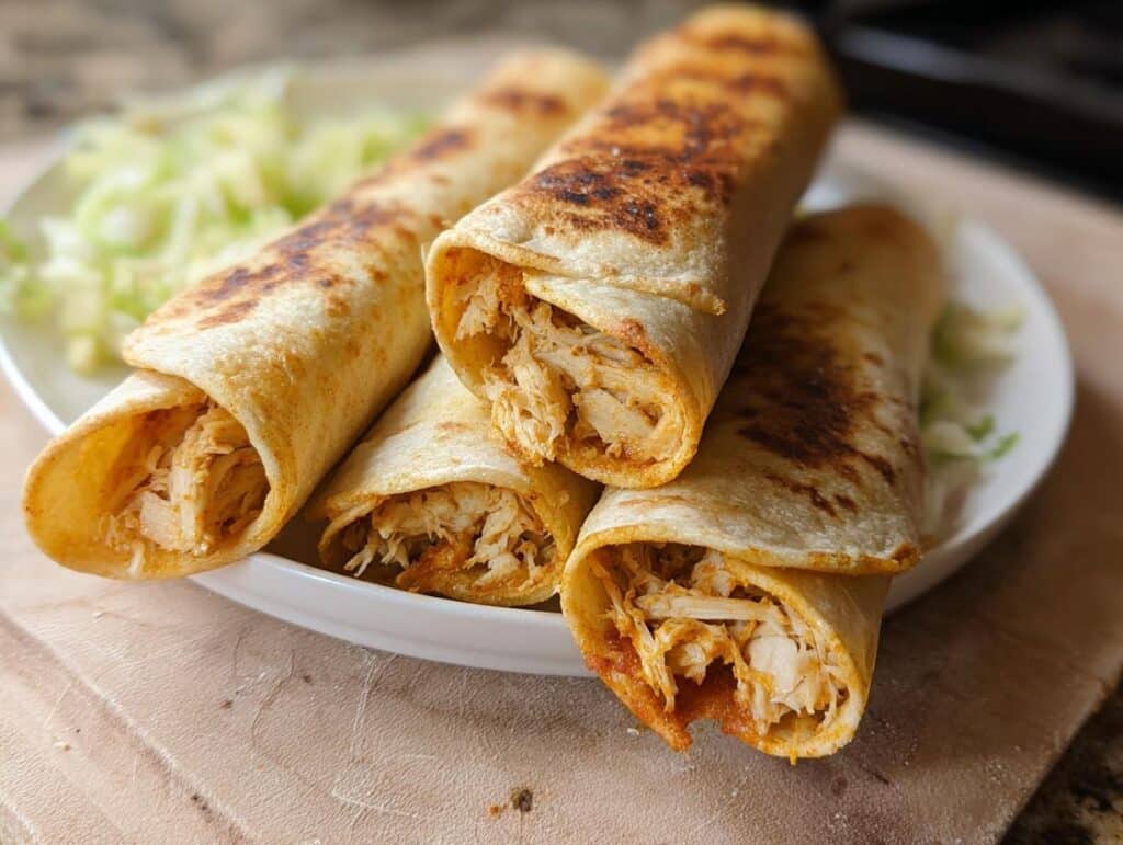 Four golden-brown Gluten-Free Chicken Taquitos filled with shredded chicken, served on a white plate with shredded lettuce.