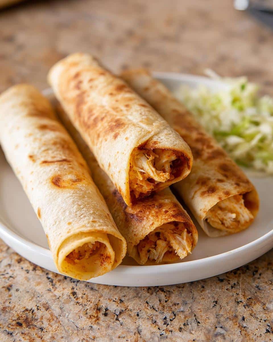 Close-up of four golden-brown Gluten-Free Chicken Taquitos filled with shredded chicken, served on a white plate with shredded lettuce.