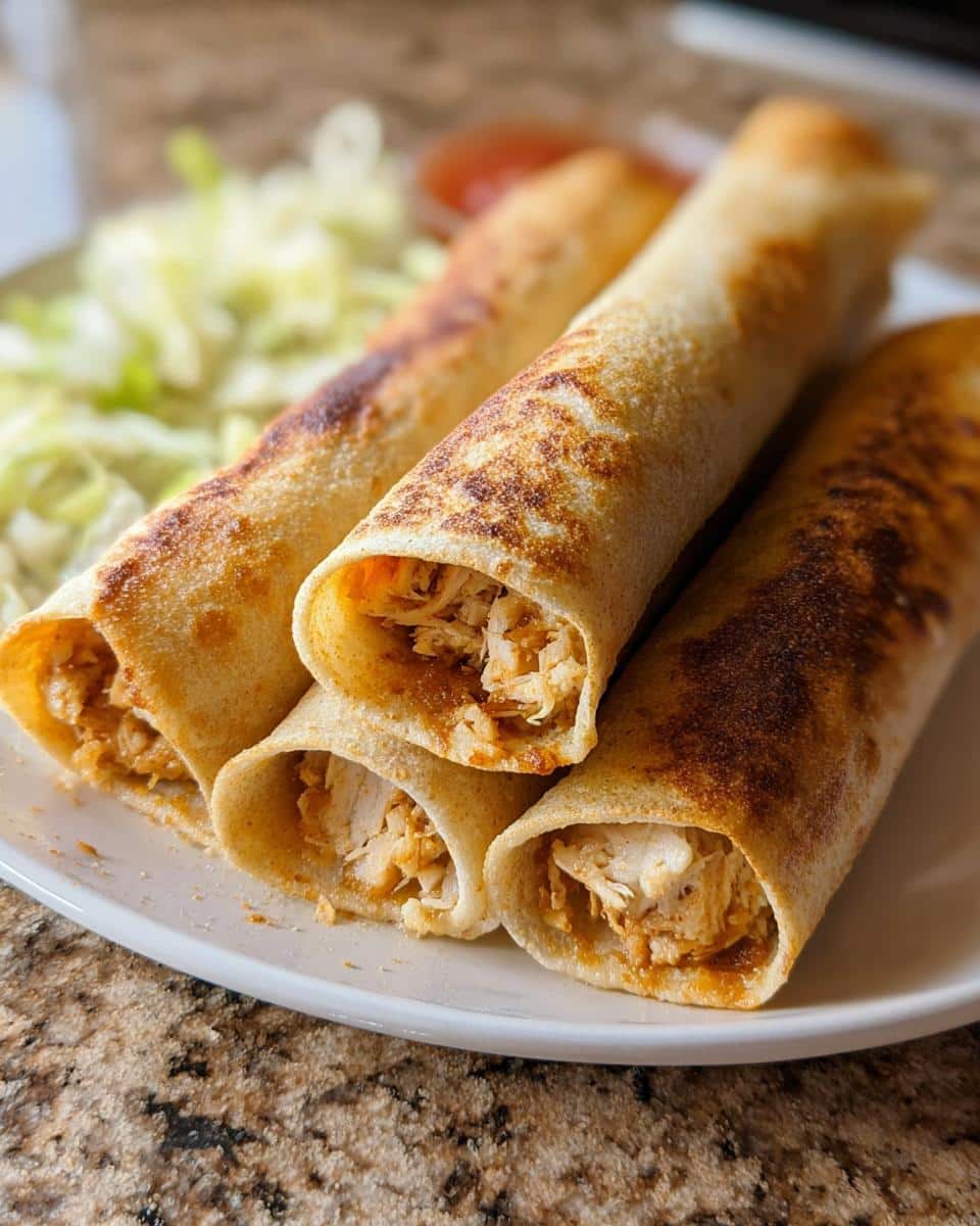 Close-up of four golden-brown Gluten-Free Chicken Taquitos filled with shredded chicken, served with shredded lettuce.