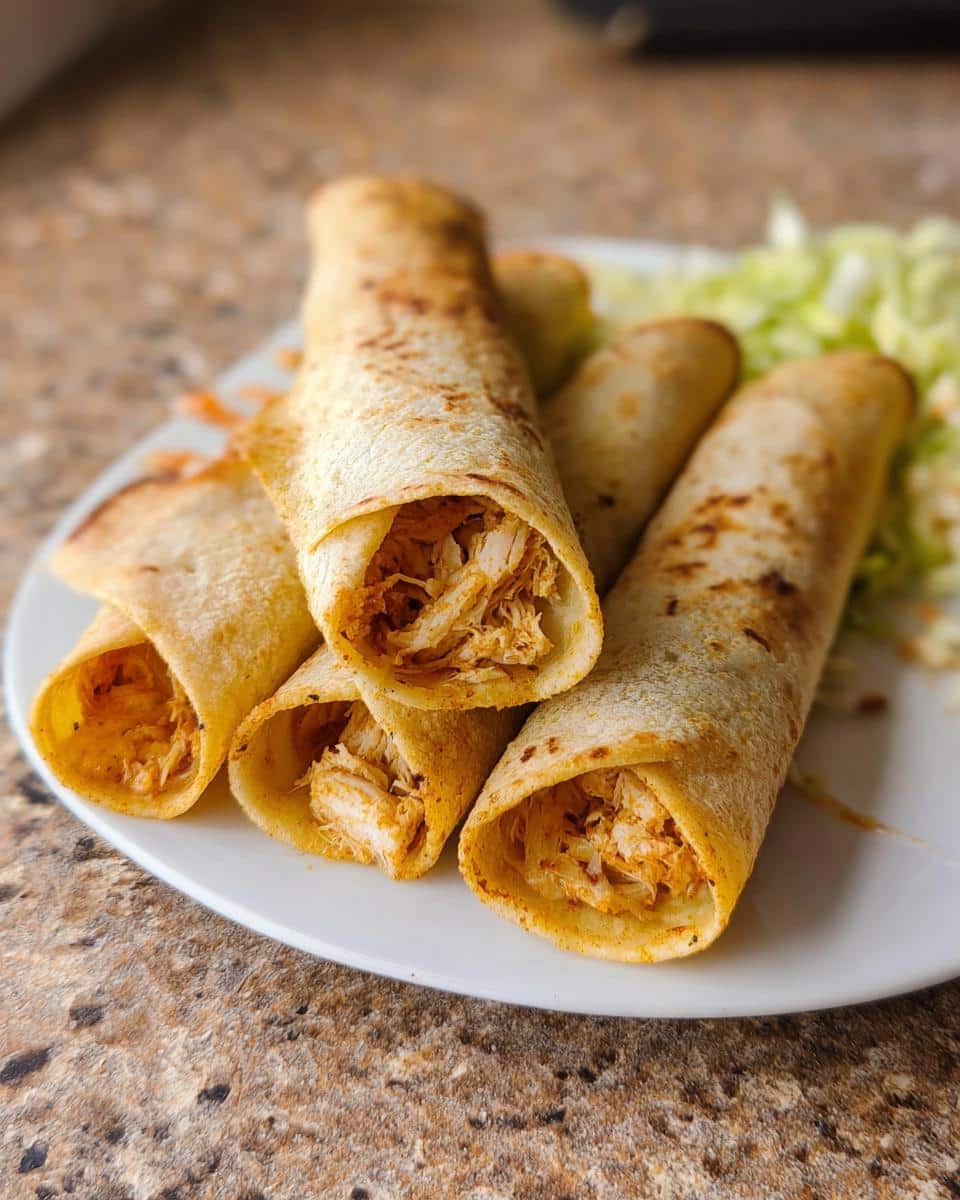 Close-up of several baked Gluten-Free Chicken Taquitos filled with shredded seasoned chicken, served on a white plate with shredded lettuce.