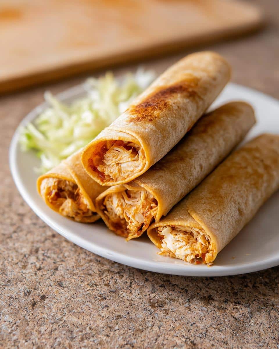 Four golden-brown Gluten-Free Chicken Taquitos stacked on a white plate next to shredded lettuce.