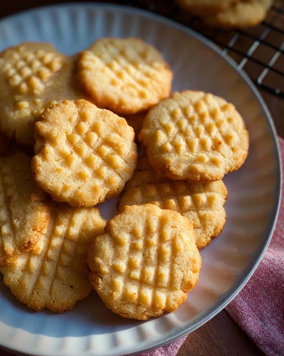 A plate piled high with golden Gluten-Free Cookies with Almond Flour, featuring a classic crisscross fork pattern.