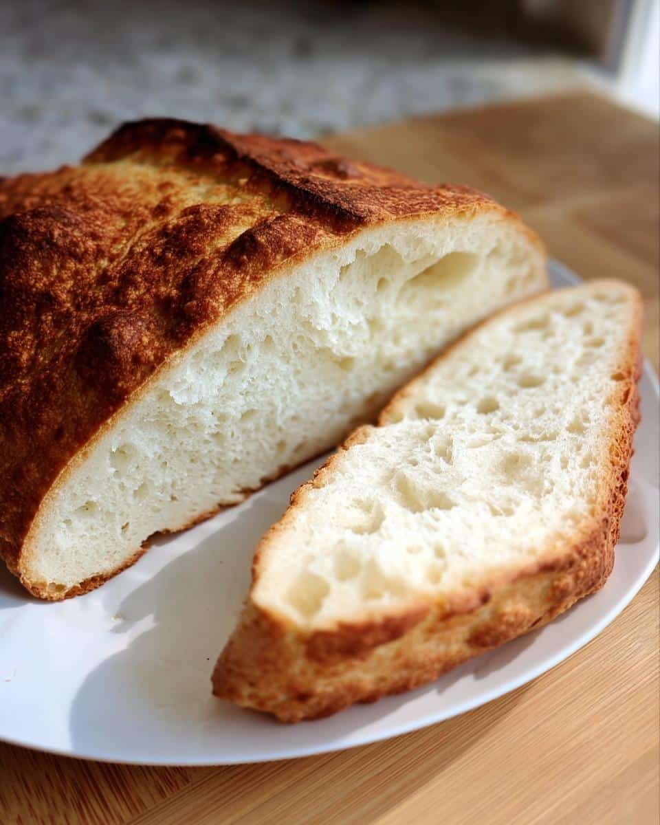 Close-up of a freshly baked Gluten-Free Italian Bread recipe, showing the airy white crumb and dark golden crust, with one slice cut.