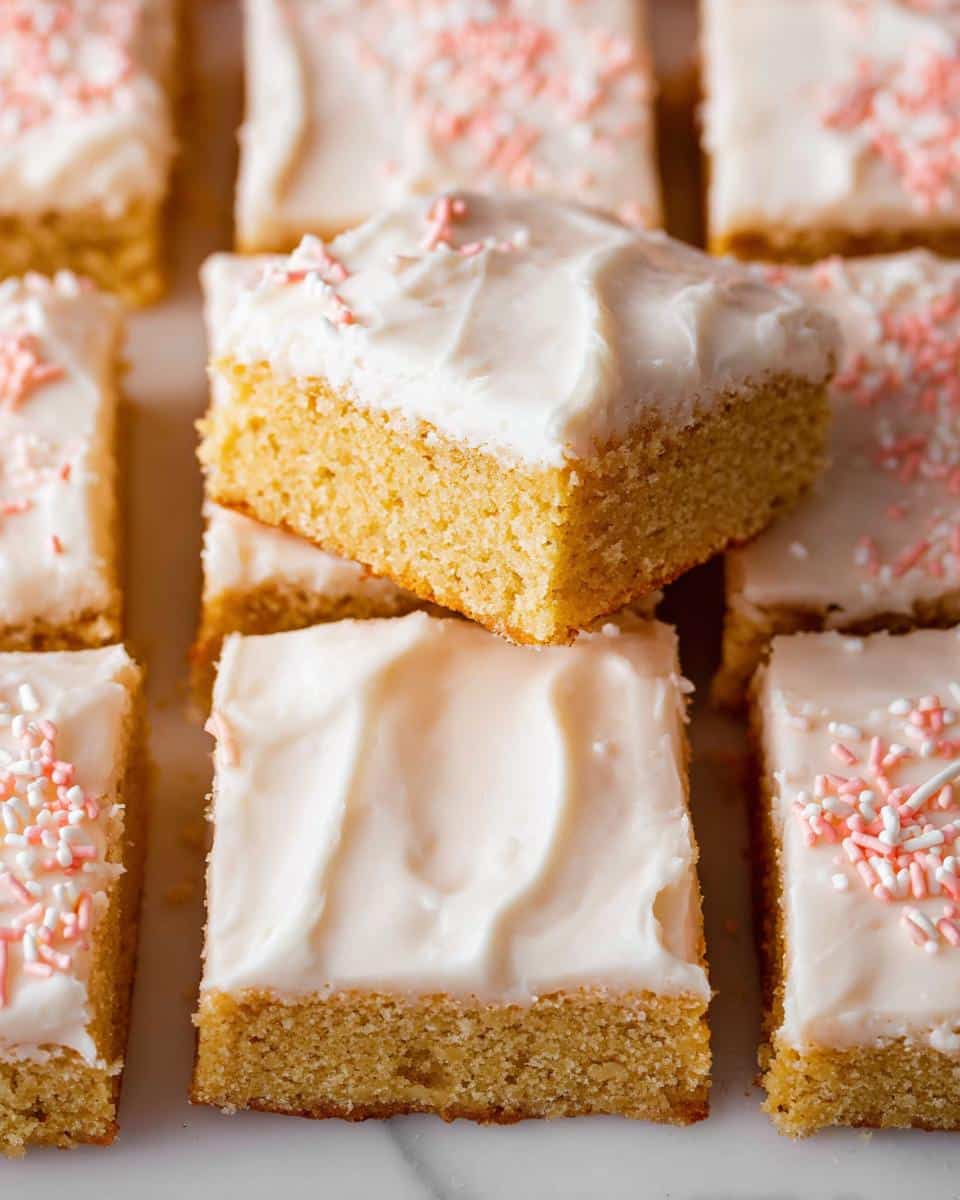 Close-up of several square gluten-free sugar cookie bars topped with thick white frosting and pink sprinkles.
