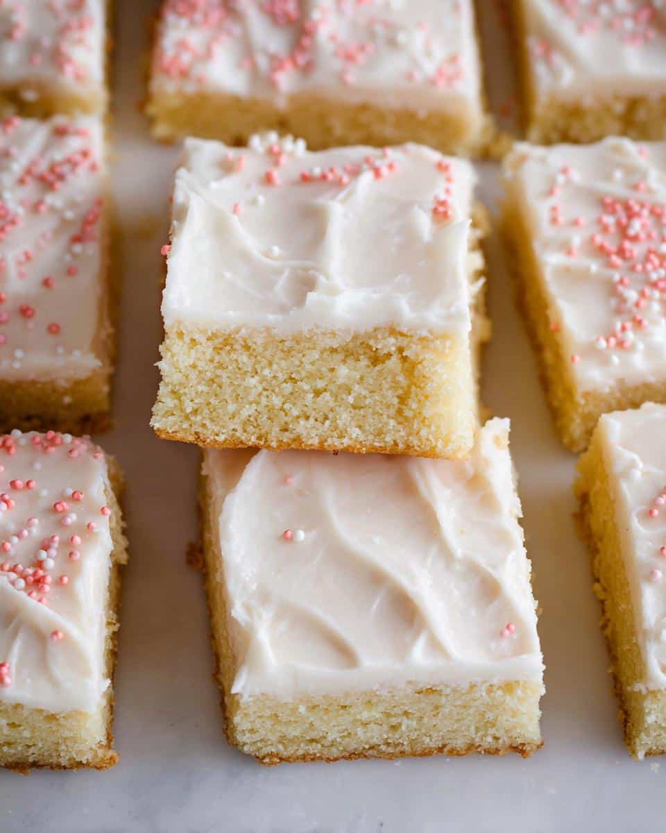 Close-up of stacked and arranged gluten-free sugar cookie bars topped with thick white frosting and pink sprinkles.