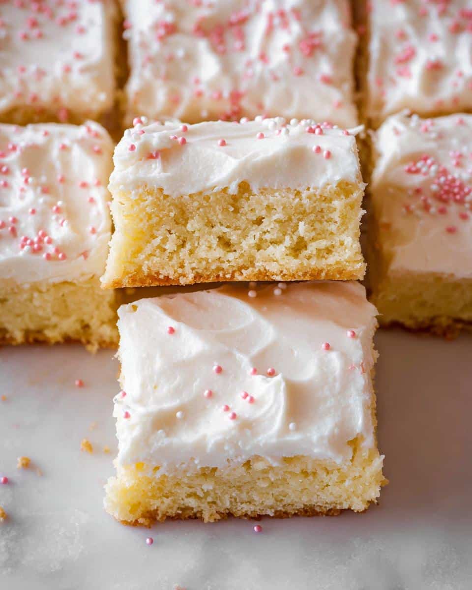 Two stacked squares of gluten-free sugar cookie bars topped with thick white frosting and pink sprinkles.