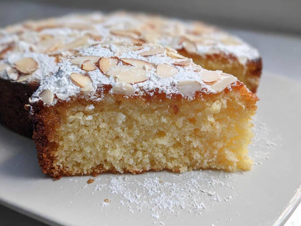 A close-up of a slice of Gluten-Free Thermomix Coconut Cake, dusted with powdered sugar and topped with sliced almonds.