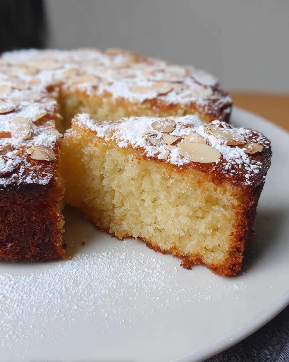 Close-up of a moist slice of Gluten-Free Thermomix Coconut Cake topped with powdered sugar and sliced almonds.