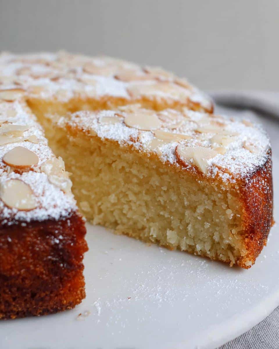 Close-up of a slice of Gluten-Free Thermomix Coconut Cake, topped with powdered sugar and sliced almonds.