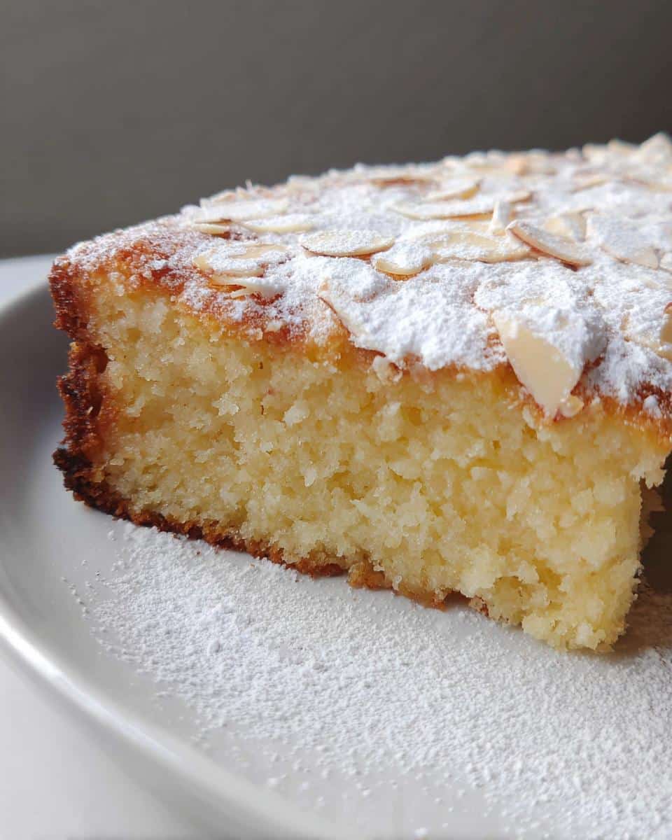 Close-up of a moist slice of Gluten-Free Thermomix Coconut Cake topped with powdered sugar and flaked almonds.