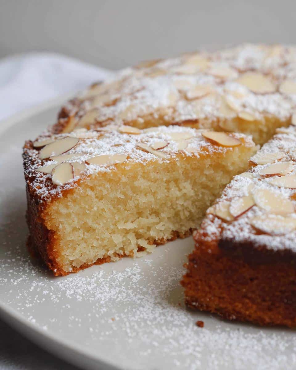Close-up of a slice of moist Gluten-Free Thermomix Coconut Cake topped with flaked almonds and powdered sugar.