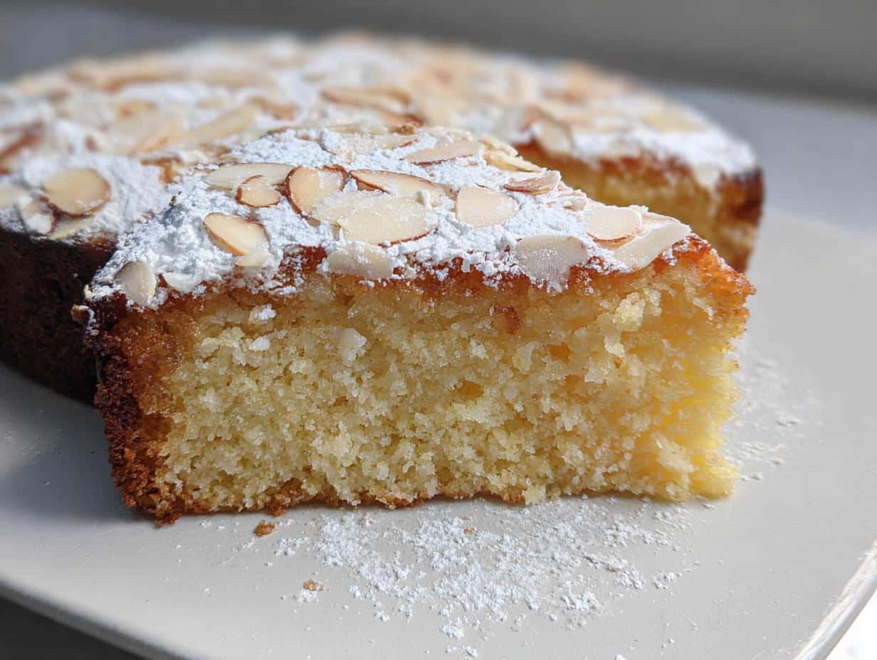 A close-up of a slice of Gluten-Free Thermomix Coconut Cake, dusted with powdered sugar and topped with sliced almonds.