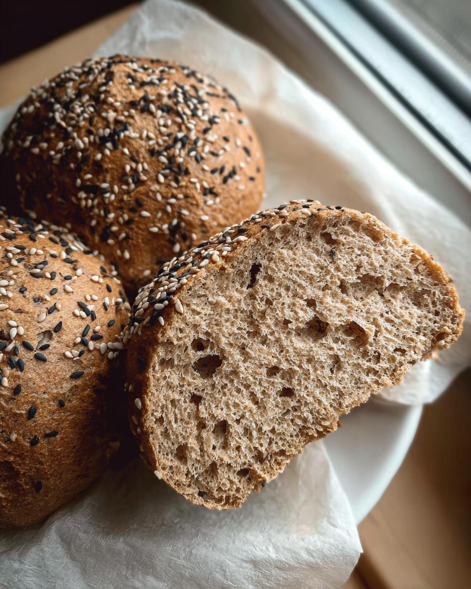 Close-up of Gluten-free and Yeast-free Breakfast Buns, one sliced open showing the crumb texture.