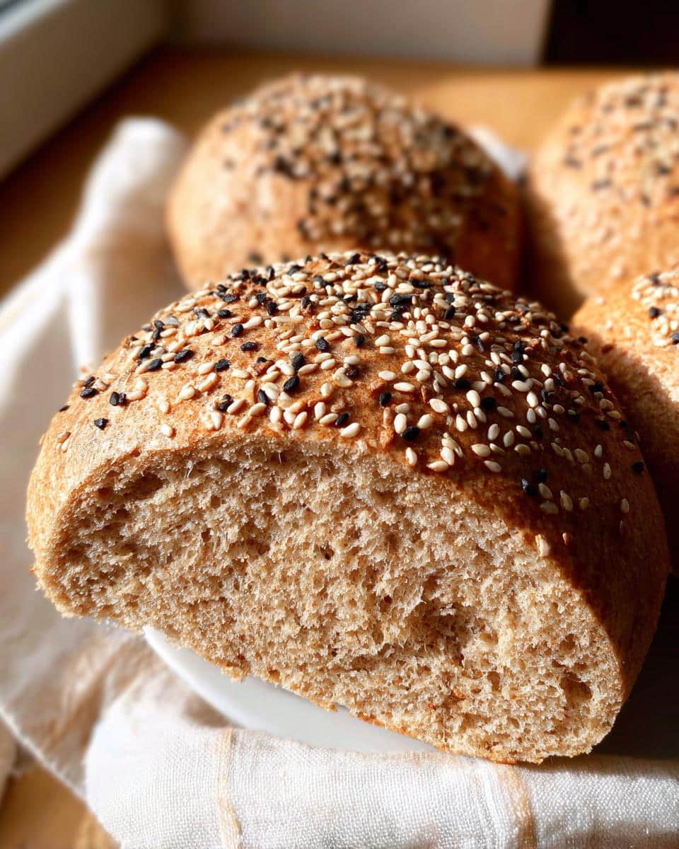 Close-up of a halved Gluten-free and Yeast-free Breakfast Bun showing the soft crumb and sesame seed topping.