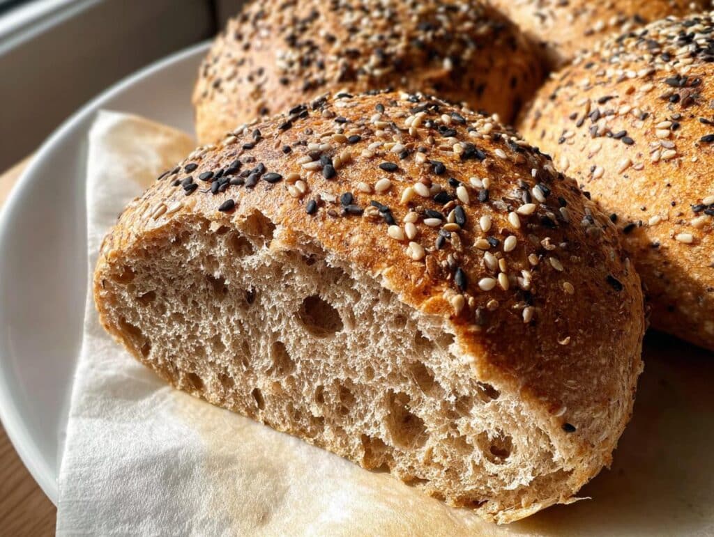Close-up of a Gluten-free and Yeast-free Breakfast Bun cut in half, showing the soft interior and sesame seed topping.