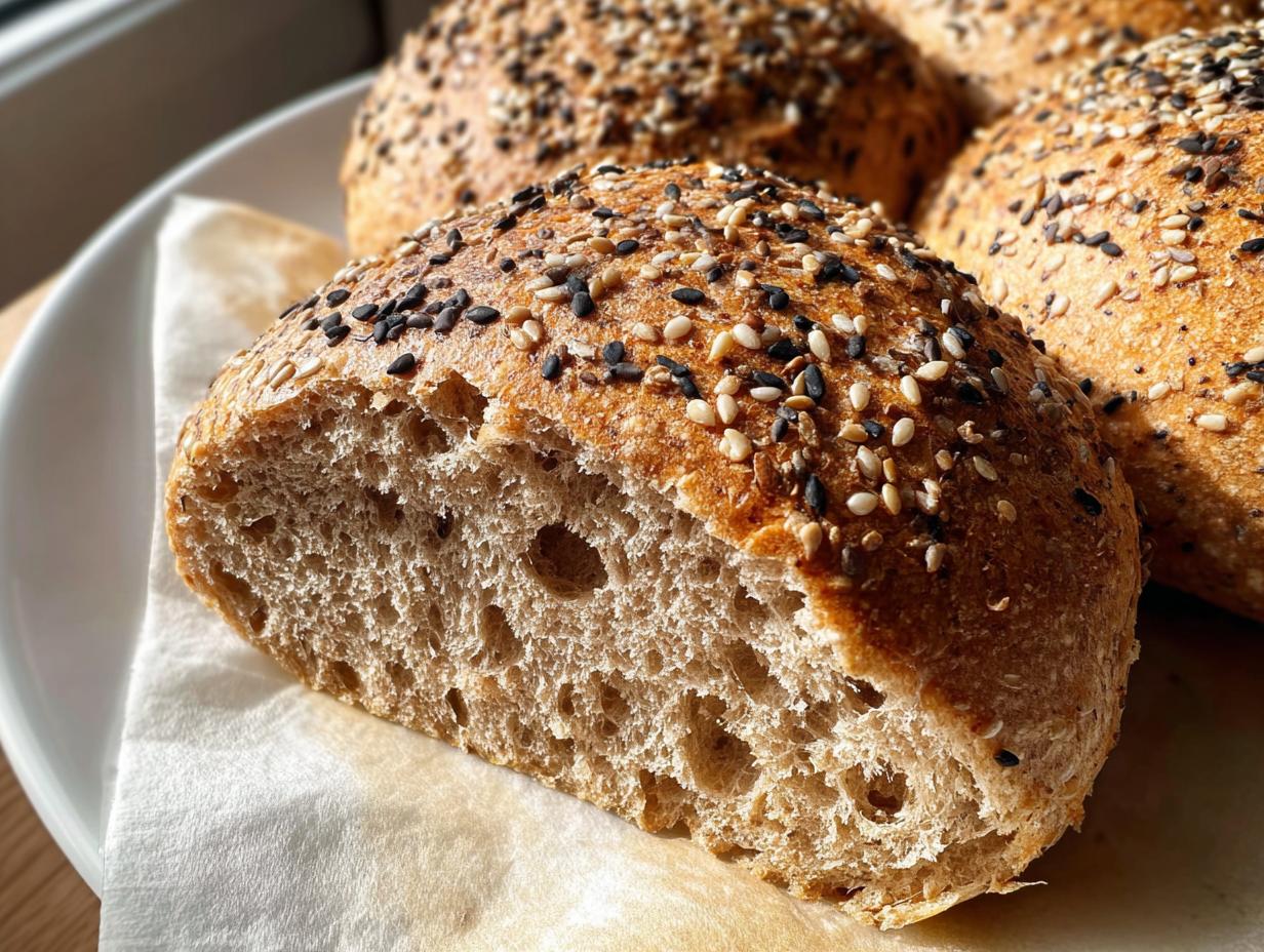 Close-up of a Gluten-free and Yeast-free Breakfast Bun cut in half, showing the soft interior and sesame seed topping.