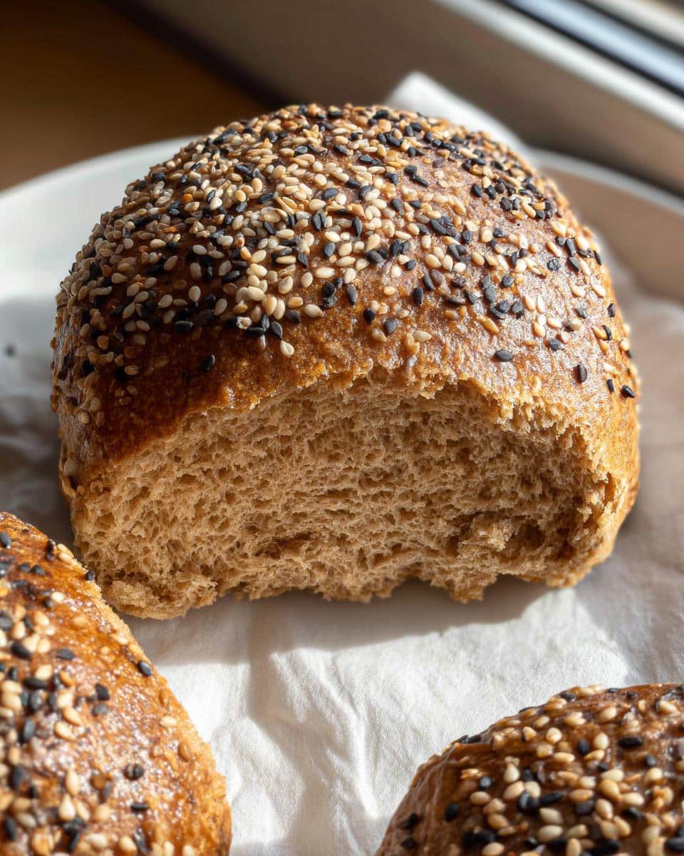 A close-up of a Gluten-free and Yeast-free Breakfast Bun, broken open to show the soft interior and topped with mixed sesame seeds.