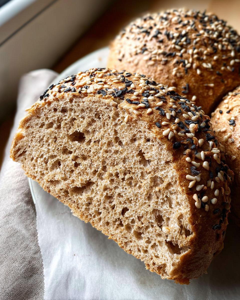 Close-up of a sliced Gluten-free and Yeast-free Breakfast Bun showing the crumb texture and sesame seed topping.