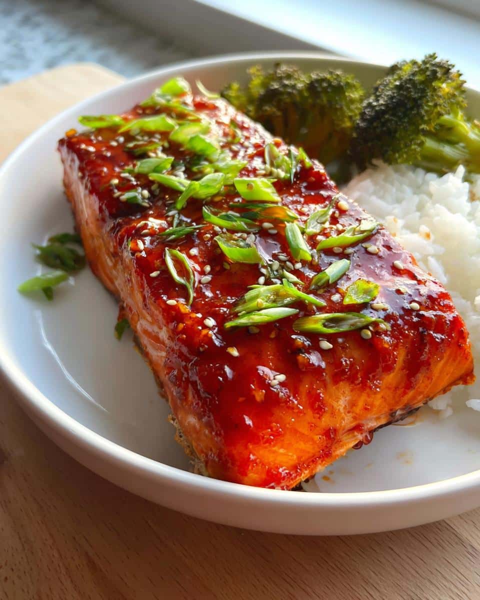 A perfectly cooked fillet of Gochujang Honey Roasted Salmon glazed with a shiny red sauce, topped with scallions and sesame seeds.