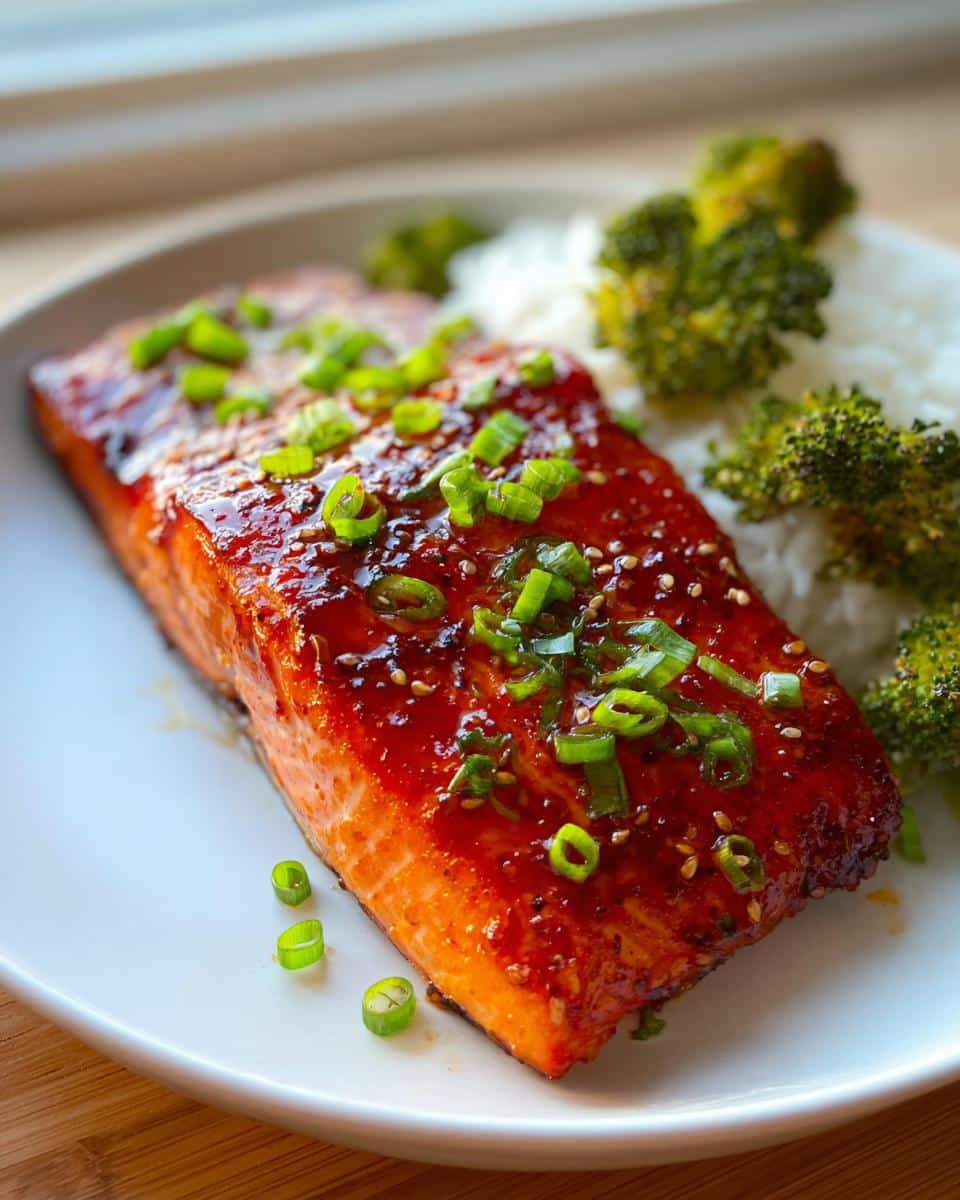 A glistening fillet of Gochujang Honey Roasted Salmon topped with green onions and sesame seeds, served with white rice and broccoli.