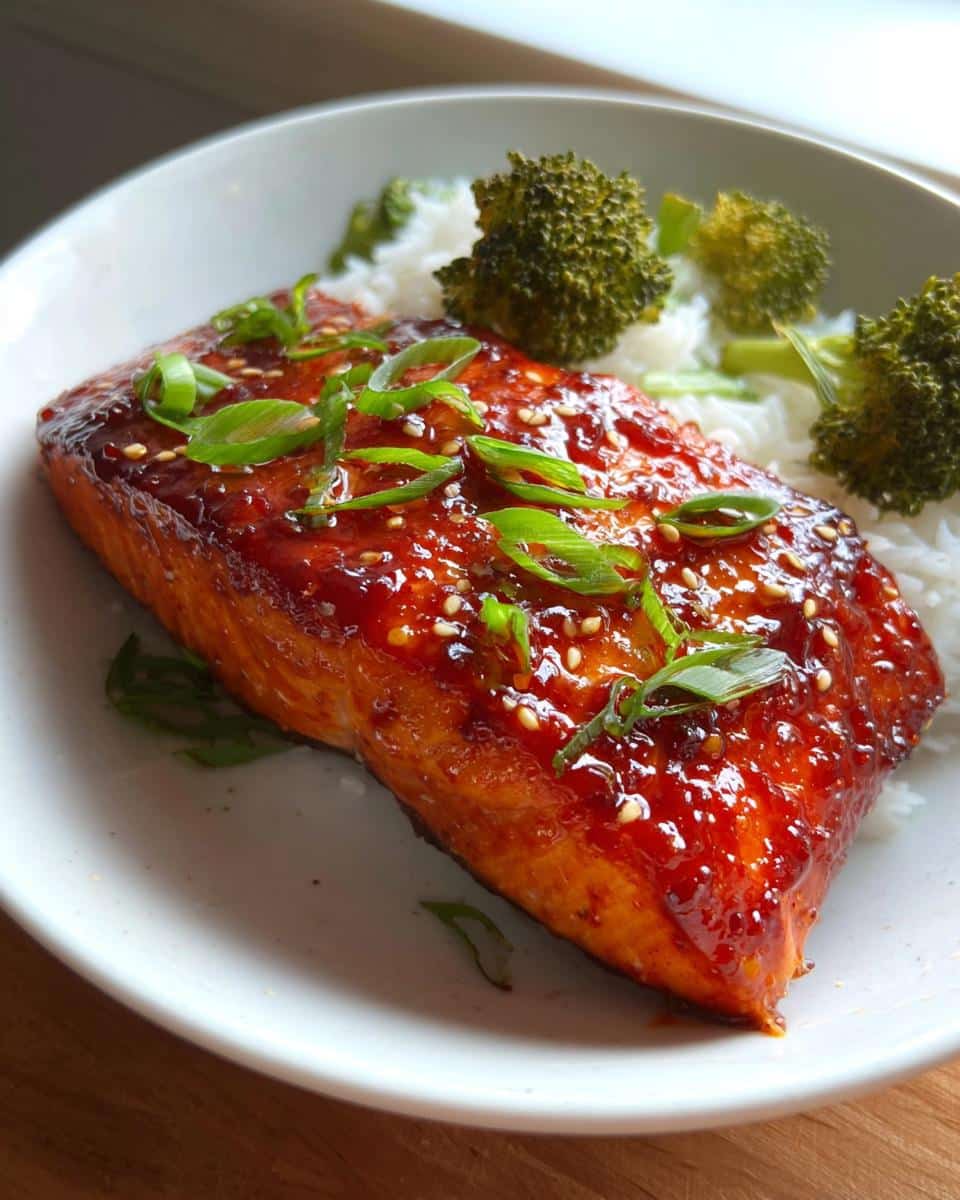 Close-up of a glistening Gochujang Honey Roasted Salmon fillet topped with sesame seeds and green onions, served with rice and broccoli.