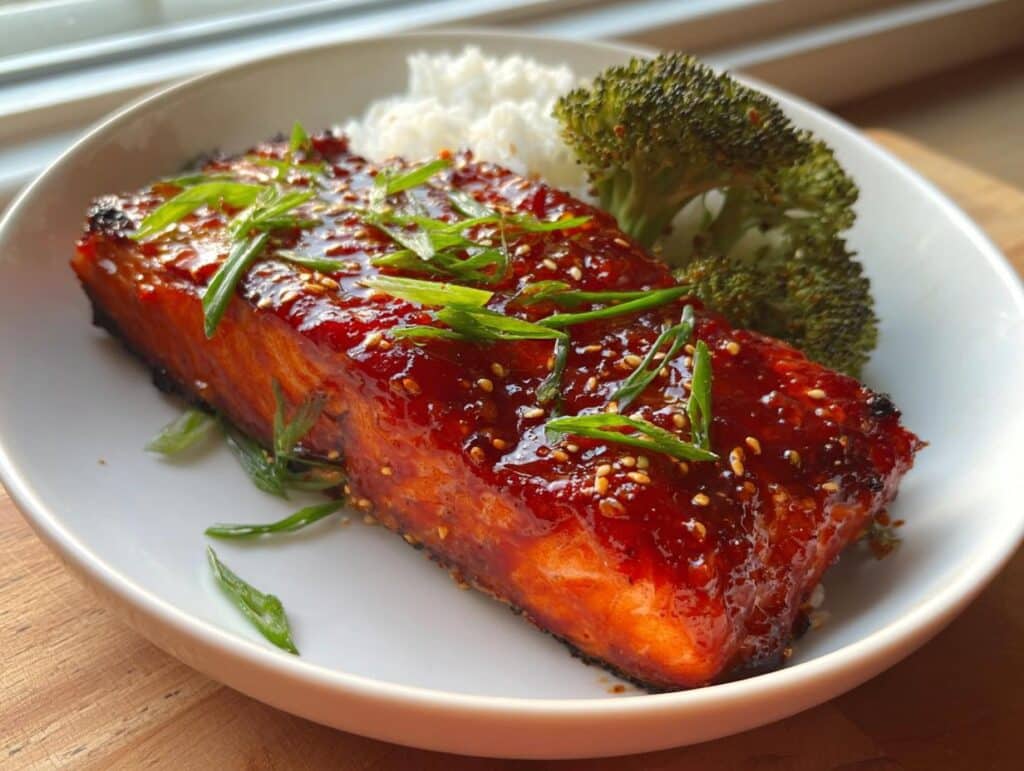 A perfectly cooked fillet of Gochujang Honey Roasted Salmon glazed with a sticky sauce, served with white rice and steamed broccoli.