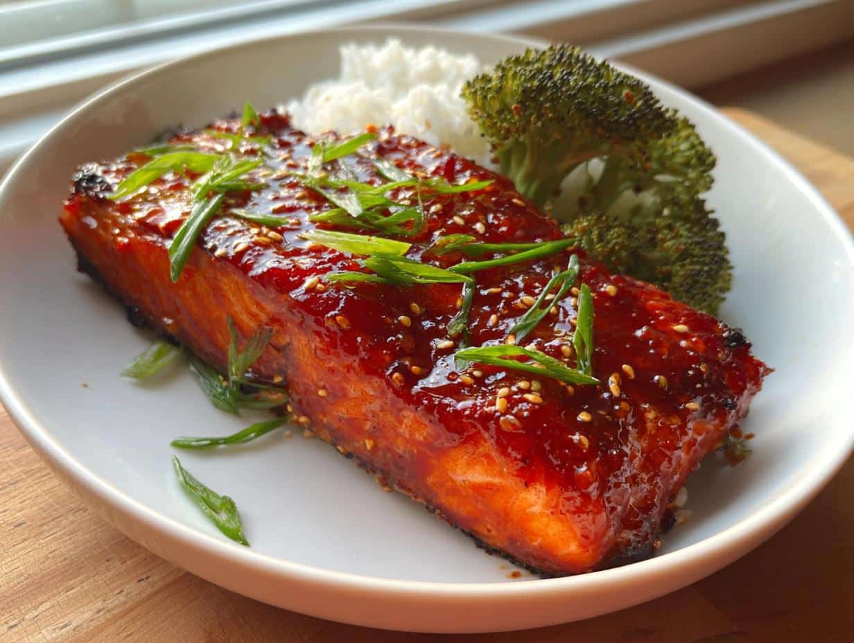 A perfectly cooked fillet of Gochujang Honey Roasted Salmon glazed with a sticky sauce, served with white rice and steamed broccoli.