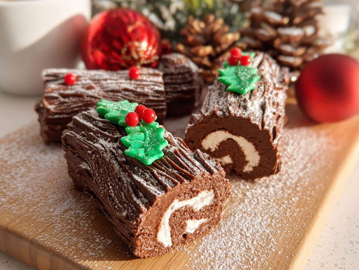 Close-up of Gold-Brushed Mini Yule Log Cakes dusted with powdered sugar and topped with holly.