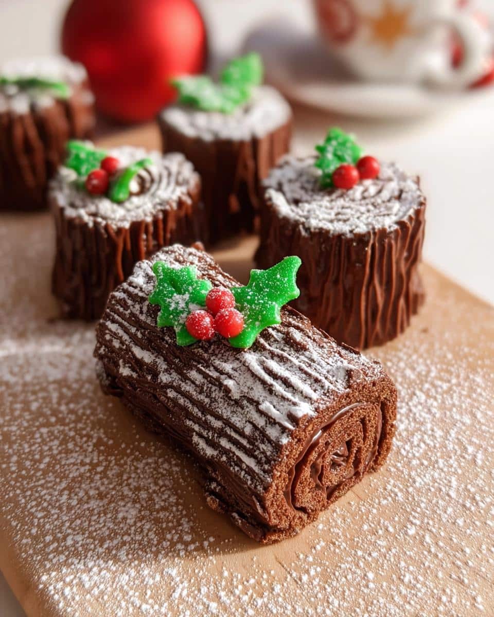 Close-up of a Gold-Brushed Mini Yule Log Cake dusted with powdered sugar and topped with edible holly.