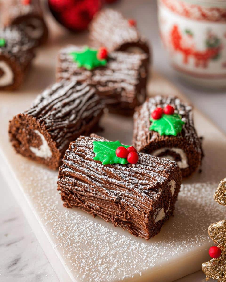 Close-up of several Gold-Brushed Mini Yule Log Cakes dusted with powdered sugar and topped with holly.