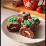 Three festive Gold-Brushed Mini Yule Log Cakes dusted with powdered sugar and topped with edible holly and berries.
