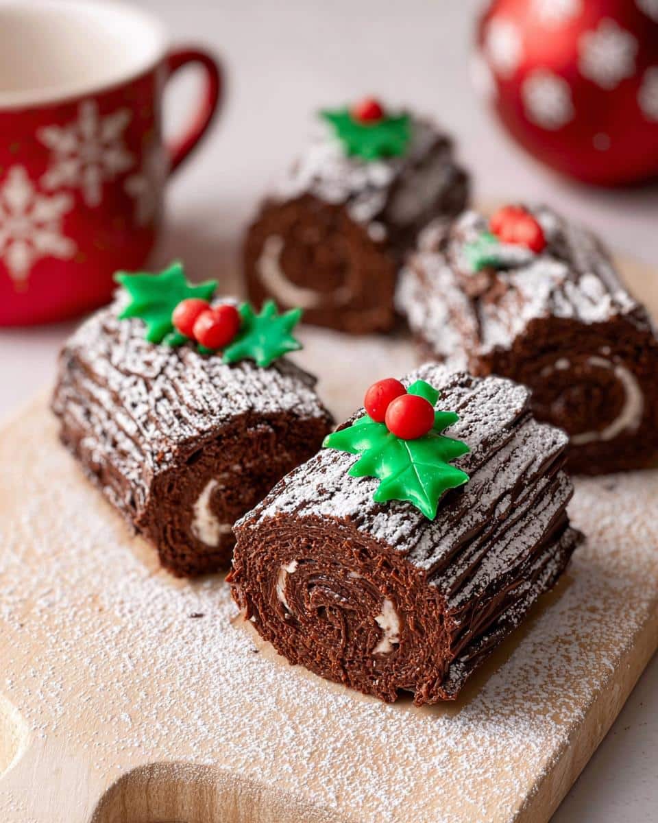 Four miniature chocolate Yule log cakes dusted with powdered sugar and topped with holly.