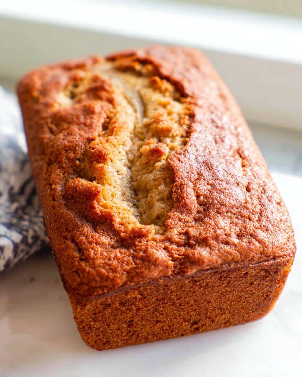 A golden brown, freshly baked loaf of Almond Flour Banana Bread with a cracked top.