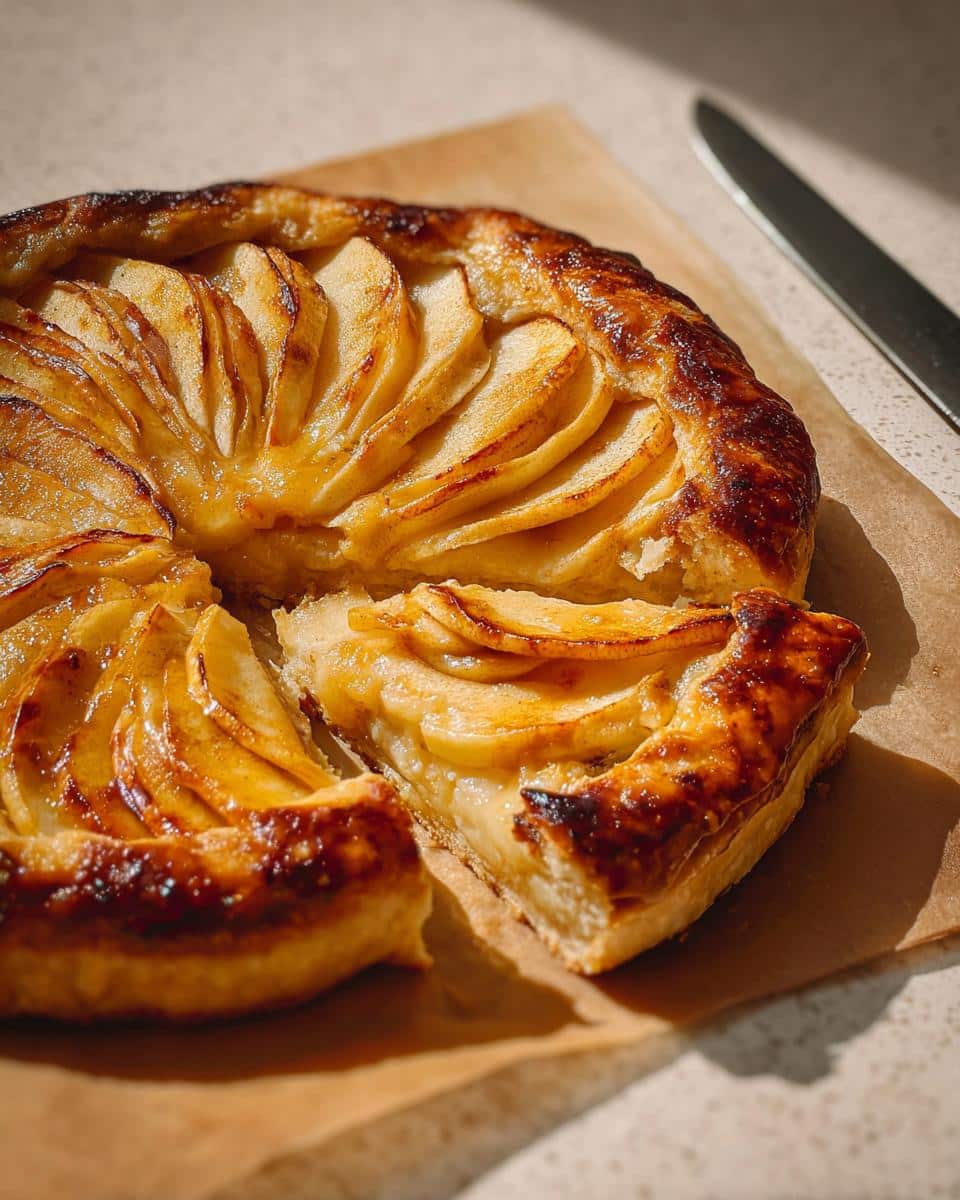 A golden-brown Apple Free-Form Tart with thinly sliced apples arranged on top, one slice partially removed.