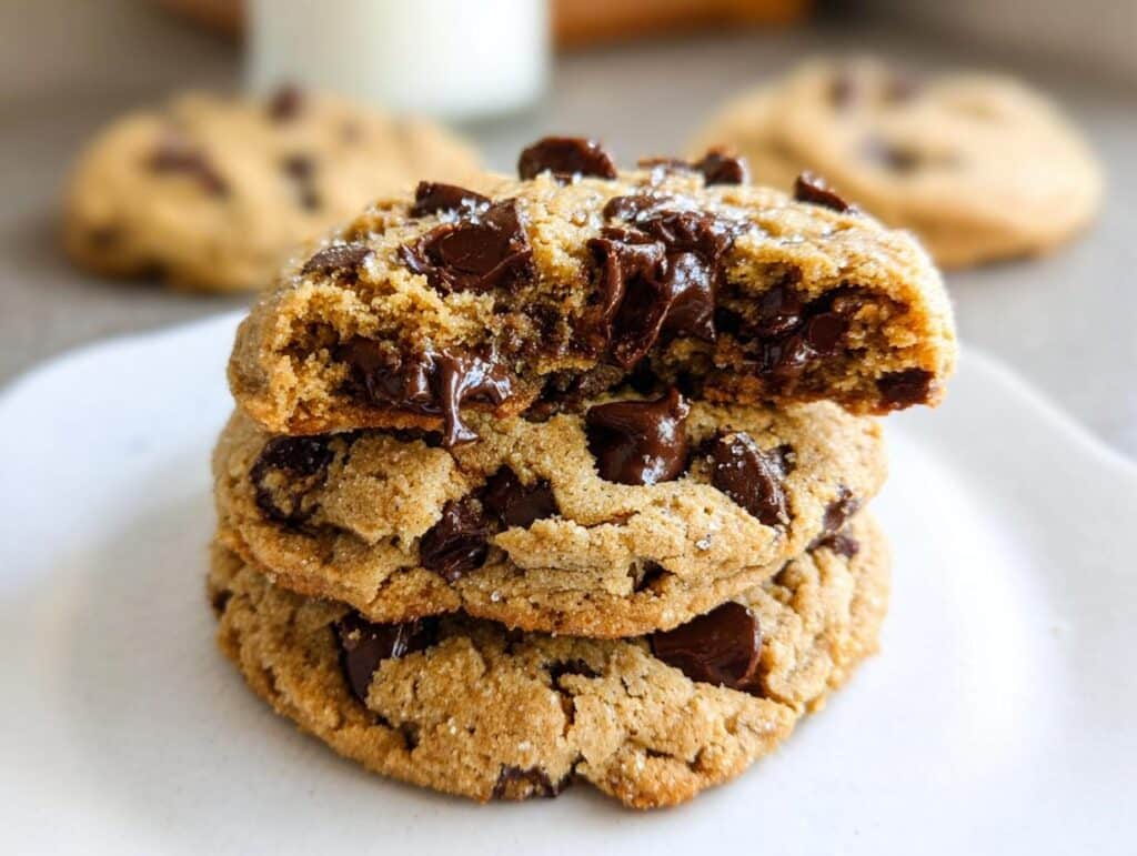 A stack of three soft Almond Flour Chocolate Chip Cookies, with the top one broken open revealing melted chocolate.