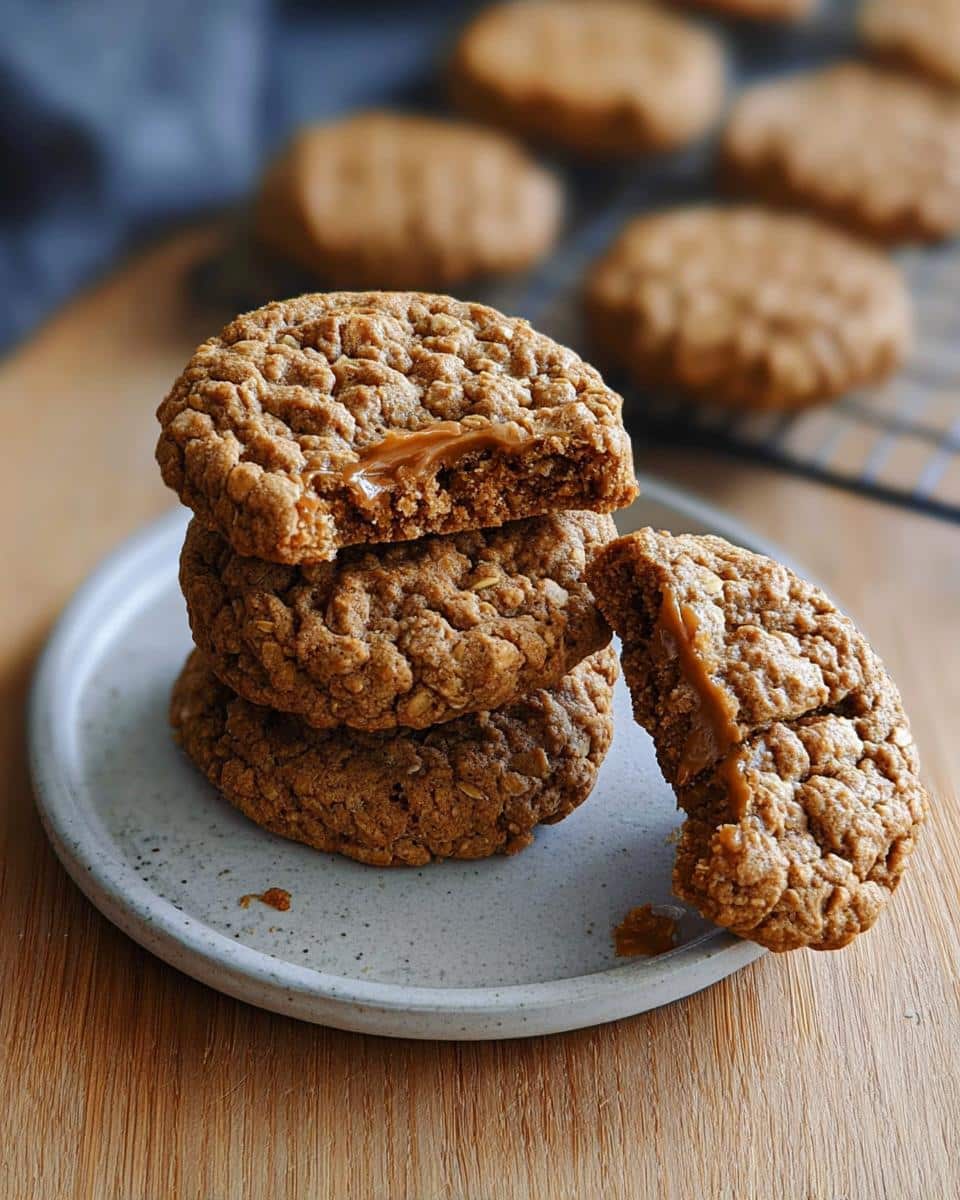 Stack of three chewy Oatmeal Peanut Butter Cookies, one broken open showing a gooey peanut butter center.
