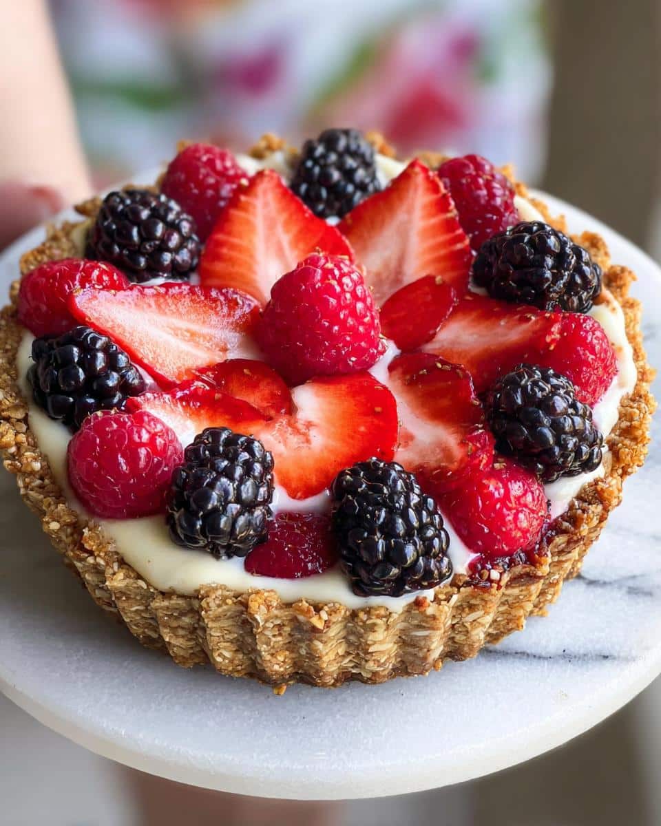 Close-up of a single Greek Yogurt Berry Tart Cup topped with fresh strawberries, raspberries, and blackberries.