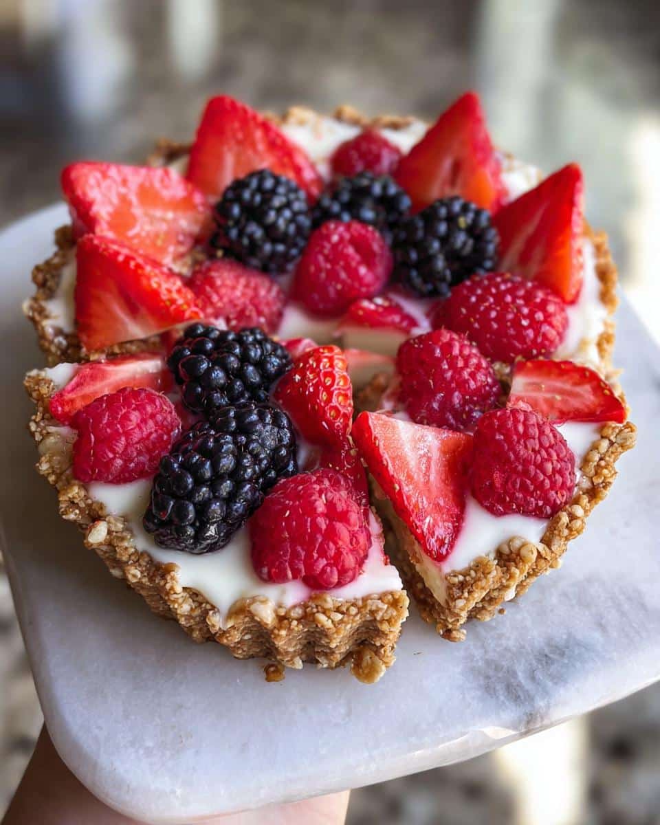 A close-up of a single serving Greek Yogurt Berry Tart Cup topped with fresh strawberries, raspberries, and blackberries.
