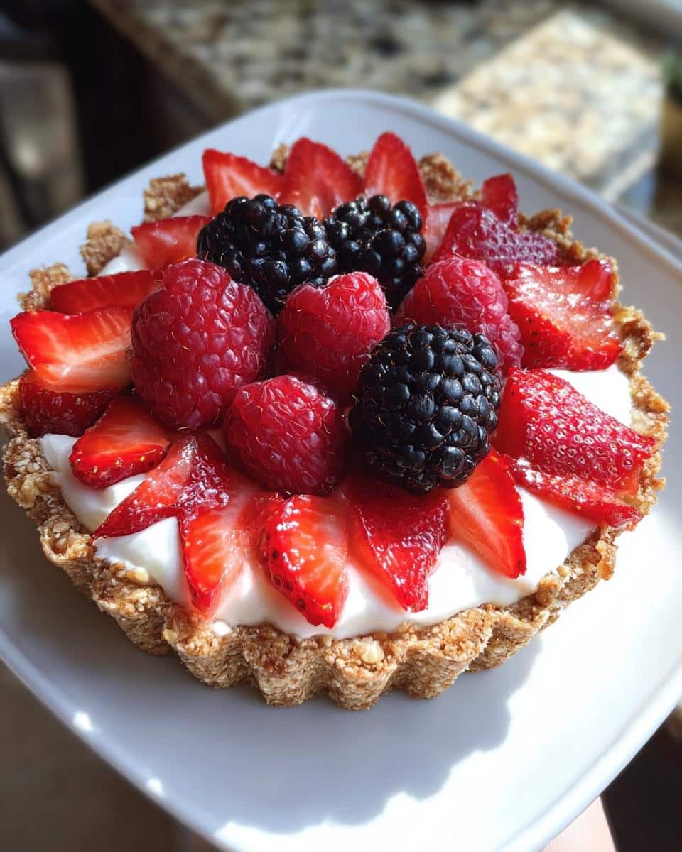 A single, perfectly formed Greek Yogurt Berry Tart Cup topped with fresh strawberries, raspberries, and blackberries.